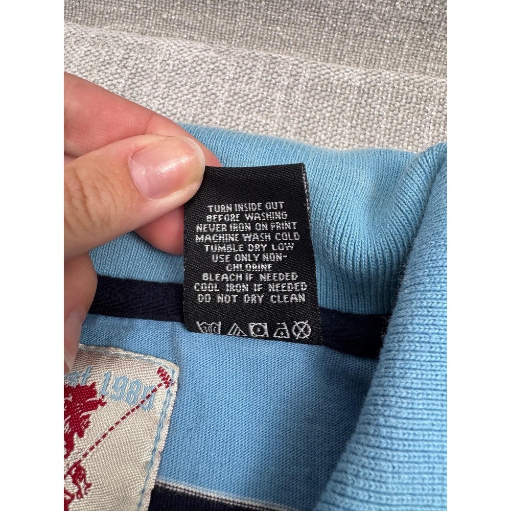 Paco Jeans Polo Shirt Mens Medium Blue Striped Long Sleeve Providence Crest - Picture 6 of 7